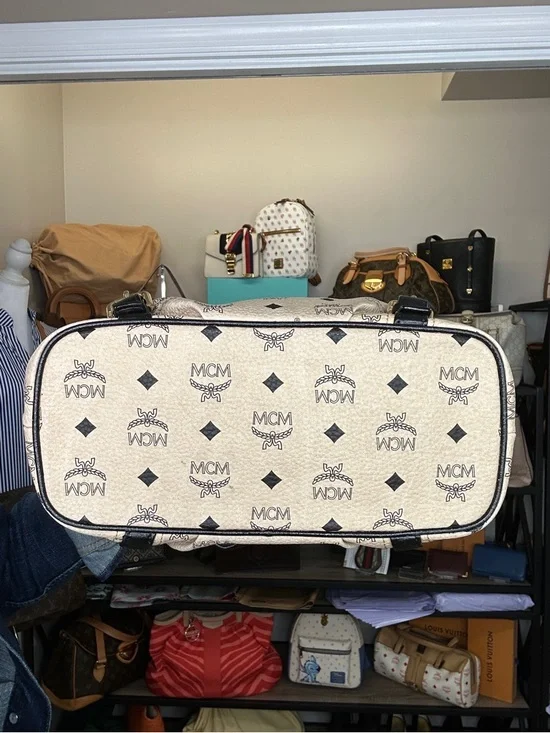 MCM Visetos Satchel Bag Cream Black Leather Trim Crossbody Medium Tote w/ COA - Picture 9 of 15